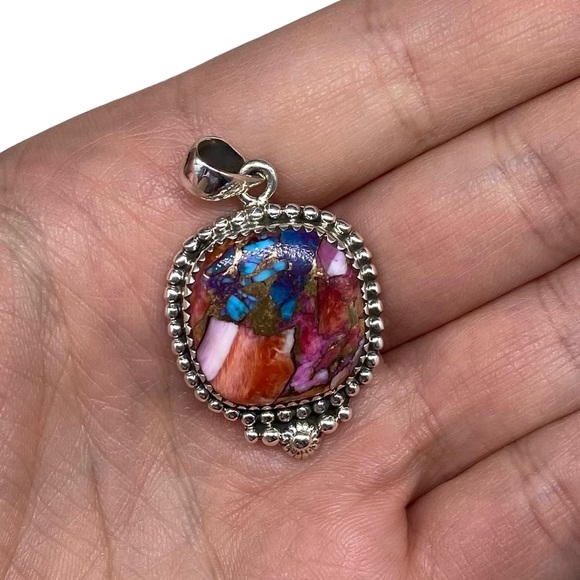 Artisan Jewelry - Kingman Pink Dahlia Turquoise Solid Sterling Silver 925 Necklace Pendant Boho